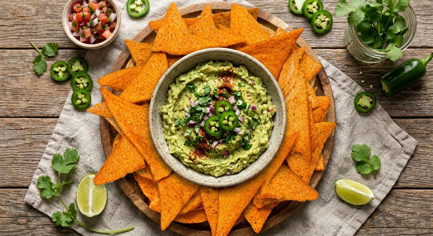 Triangulitos Qi con guacamole, jalapeños y lima